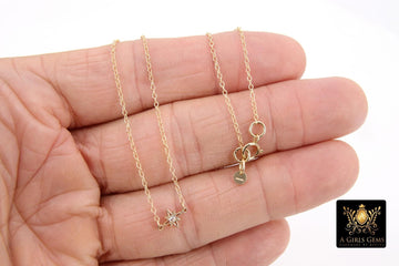 14 K Gold Filled CZ Starburst Dainty Minimalist Chain Link Necklace, Christmas Bethlehem Star Choker